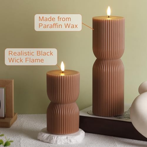 Brown Ribbed Fall Flameless Pillar Candles with Remote Set of 2