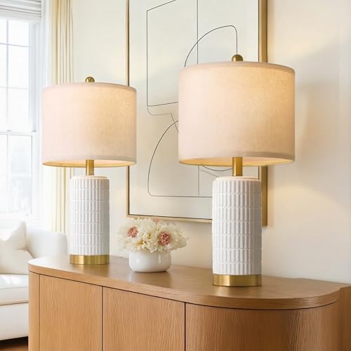 PoKat 21.5'' Stone-Like Bedside Table Lamps Set of 2 for Bedroom with 2 USB A+C, Modern Lamps for Living Room, Ceramic