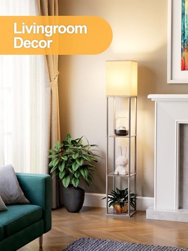 Floor Lamp with Shelves for Living Room Oak Gray, Shelf Floor Lamp with 3 CCT LED Bulb, Corner Display Standing Column
