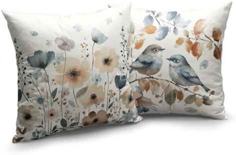 Fall Flower Bird Chinoiserie Pillow Covers 24x24 Set of 2 Burnt Orange and Blue Flowers Leaves Decorative Throw Pillows Covers Autumn Outdoor Cushion Cases for Home Couch Sofa