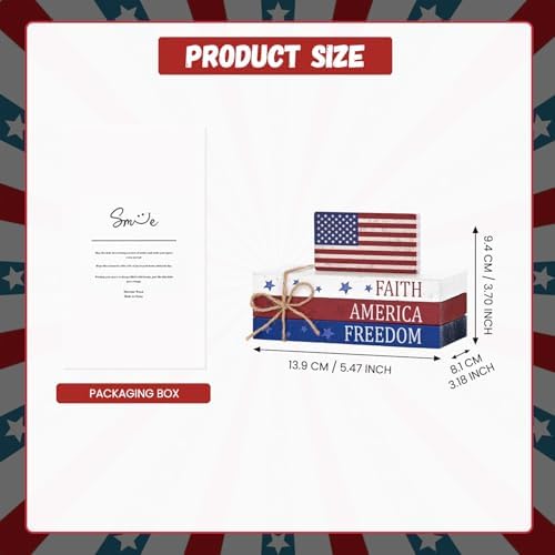 Smile Patriotic Wooden Block Stack with American Flag Decor, 4-Piece "Faith America Freedom" Tiered Tray Tabletop Sign for 4th of July & Memorial Day