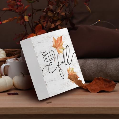 Hello Fall Wood Box Sign, Maple Leaves Desk Shelf Decor, Autumn Decor, Farmhouse Fall Wooden Box Block Sign
