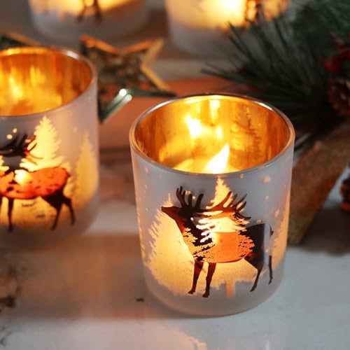 SHMILMH Christmas Votive Candle Holders Set of 4, Gold and Silver Glass Tealight Candle Holders for Xmas Table Centerpiece Decorations, Christmas Candle Jar for Candle Making