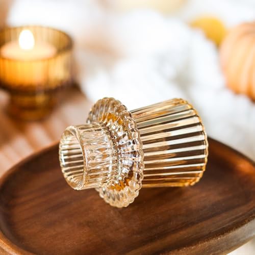Gold Candlestick Holders 6PCS for Tealight Candle Stick Candles, Ribbed Glass Taper Candle Holders Set Table Centerpieces for Thanksgiving Christmas Farmhouse Decor Indoor and Outdoor
