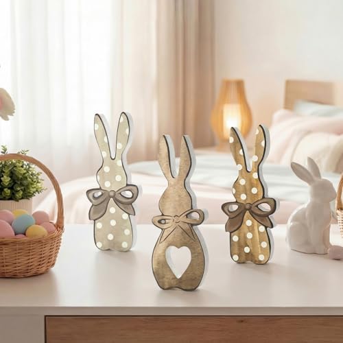 Wooden Easter Bunny Block Decor Set - 3-Piece Rustic Polka Dot Bunny with Bow Design, Farmhouse Style Tabletop Shelf Accents for Spring Holiday Home Decoration