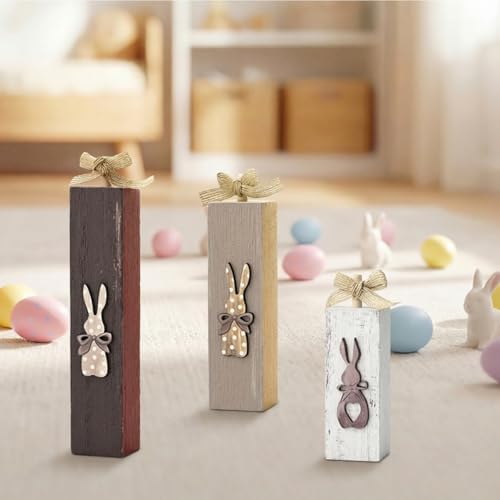 Smile 3-Piece Easter Bunny Wooden Block Set, Rustic Tiered Tray Decor with Burlap Bows for Spring & Easter