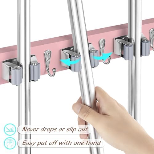 OUTNILI Pink Mop Broom Holder Wall Mount with 4 Slots & 4 Hooks - Wood Broom Mop Hanger for Pantry Closet Laundry Room