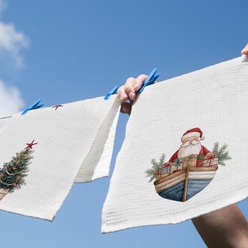 Nautical Christmas Tree Santa Kitchen Dish Towels 16x24, Set of 2