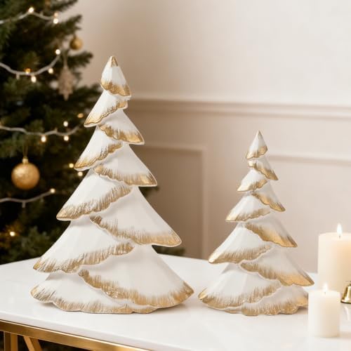 RM ROOMERS Christmas Tree Figurines Wood, 2PCS White & Gold Tabletop Trees