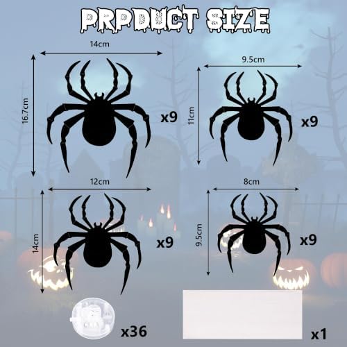 36 PCS LED Green Lighted 3D Spiders Halloween Decoration, 4 Sizes Shapes