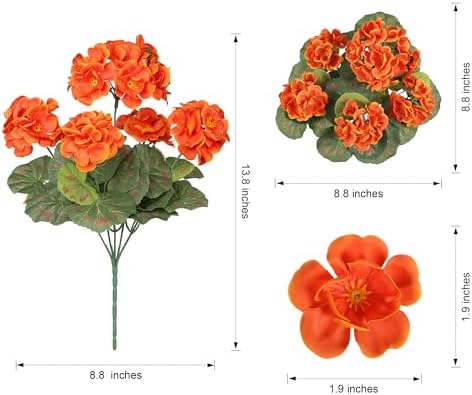 Fake Geraniums Artificial Flowers for Outdoors Fall Autumn Decoration, 6 Bundles Silk Geraniums UV Resistant Look Real Orange Faux Flowers Plants for Front Door Garden Planter Patio Balcony Yard Home