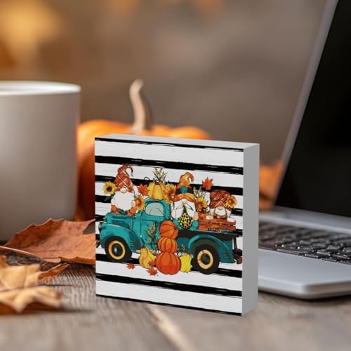 Rustic Fall Gnomes Truck Pumpkin Sign Fall Decorations for Home Office Indoor Fall Desk Decor for Bathroom Bedroom Autumn Thansgiving Decor 5 x 5 Inches