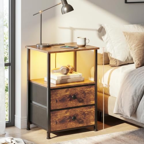LOAKEKEL Nightstands Set of 2, LED Night Stand with Charging Station