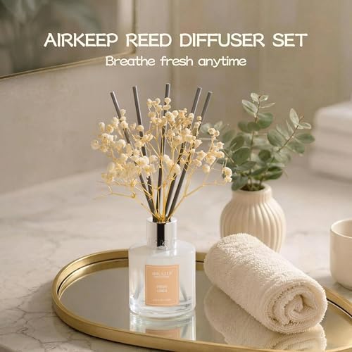 Airkeep Reed Diffuser Set,3.38 fl oz (100 ml) - Fresh Linen Oil Diffusers with 8 Reed Sticks, Home Fragrance Reed