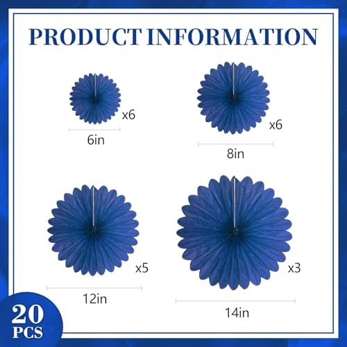20 Pcs Navy Blue Hanging Paper Fan, Hanging Honeycomb Round Paper Fans for Weddings, Birthdays, Easter, Baby Showers, Classroom, Events Ceiling Party Supplies Decorations