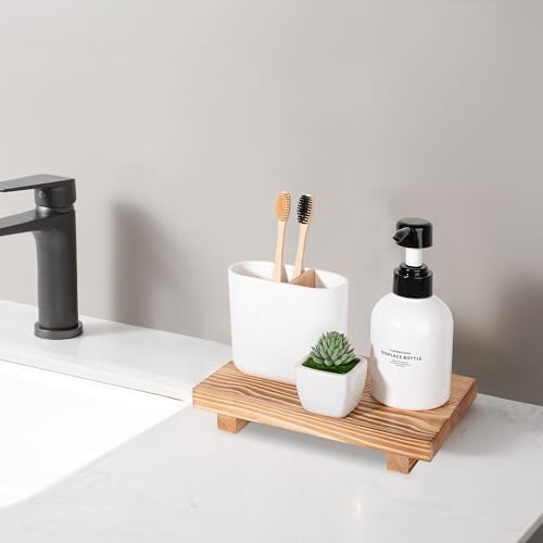 Bathroom Counter Organizer Wood Pedestal Stand Farmhouse Decorative Tray Soap / Brown / 9 x 6 x 1.6