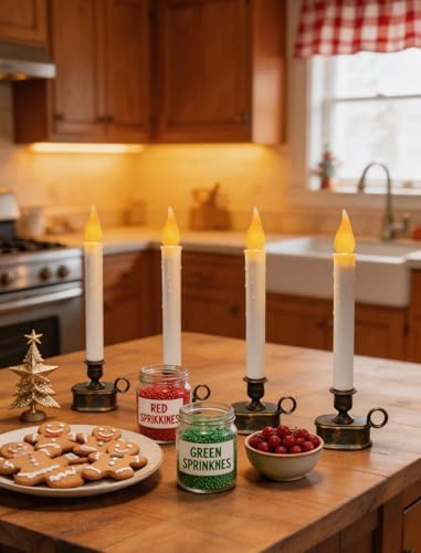 4 Pack Christmas Window Candle Lamps, Flameless Flicker LED Lights and Bronze Base, Dusk to Dawn Light Sensor, 10 Inch Battery Powered Window Candle for Dinners, Table, Party, Valentines Decorations