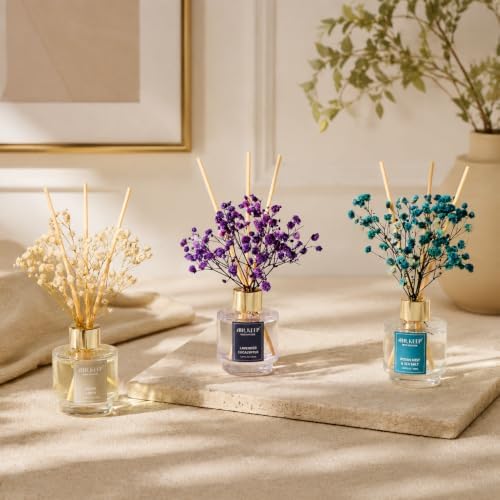 Airkeep Reed Diffuser Set of 3,Clean Linen Ocean Mist&Sea Salt Lavender Eucalyptus Oil Reed Diffusers for Bedroom