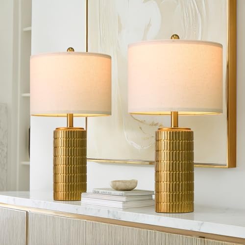 PoKat 23" Brass Gold Ceramic Table Lamps for Living Room, Retro Warm Gold Lamps for Night Stands, Vintage Bronze
