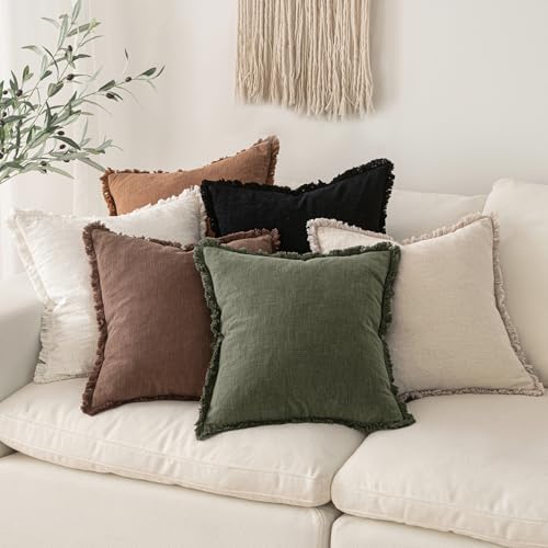 MIULEE Linen Fringe Decorative Fall Throw Pillow Covers Dark Coffee 18x18