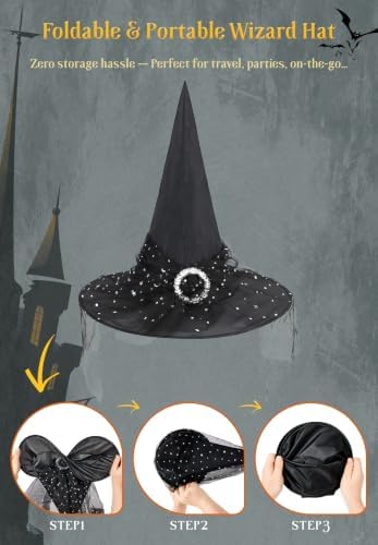 Zando Lace Witch Hats for Women - Halloween Cosplay Costume Accessories Foldable Hanging Witch Wizard Hats for Decorations