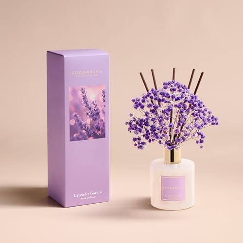 COCORRÍNA Reed Diffuser - Lavender Garden 6.7 Fl.oz Reed Diffuser Set with Sticks & Preserved Baby's Breath, Reed