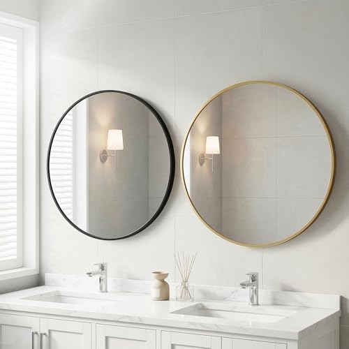 28 Inch Black Round Bathroom Wall Mirror, Round Mirrors for Wall Decor, Circle Mirror for with HD Shatter-Proof Glass