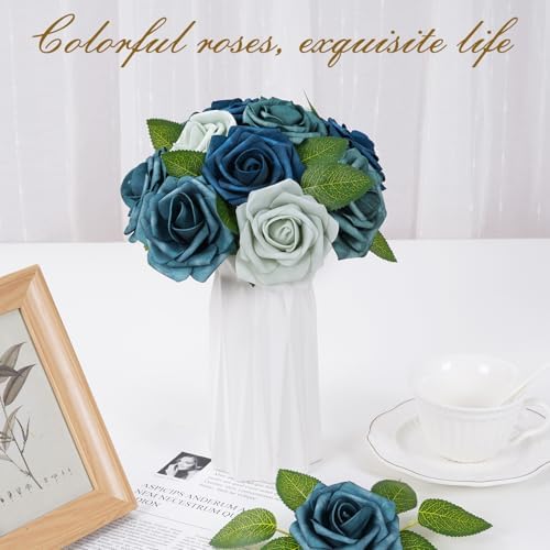BLEUM CADE 36Pcs Artificial Flowers Fake Foam Roses with Stems for Wedding