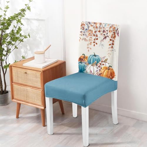Fall Chair Covers Set of 4,Thanksgiving Parsons Chair slipcovers,Fall Pumpkin Kitchen Dining Room Decor Chair Seat Cover Protectors(Blue Pumpkin,4 Pack)