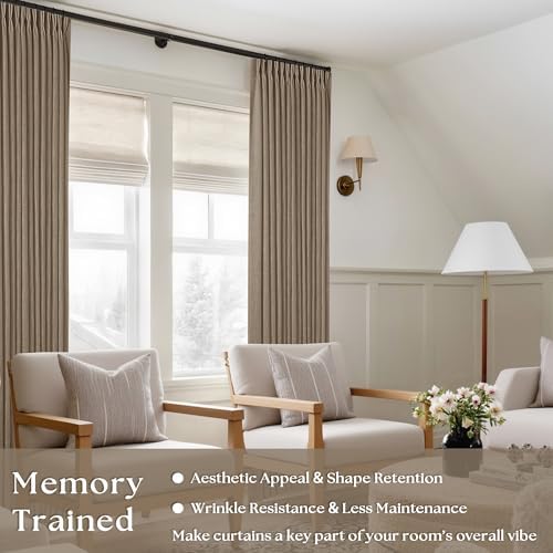 Latte Semi Sheer Pleated Linen Curtains with Hooks 126 Inches Long 2 Panels