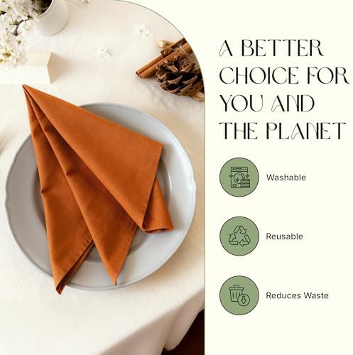 Cloth Napkins Set of 12, 100% Cotton Dinner Napkins for Thanksgiving, Christmas & Fall Entertaining, Washable Reusable Table Linens for Wedding & Everyday Use, 18 x 18 Inch, Rust