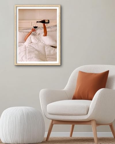 EcoHest 16x20 in Woman Drinking Wine in Bed Framed Wall Art for Bedroom