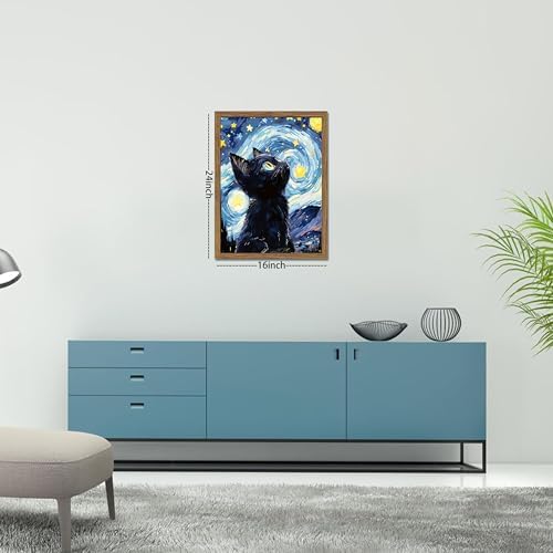 Framed Black Cat Wall Art, Van Gogh Starry Night Canvas Wall Decor, Cute Cat Animal Poster Print Picture, Impressionist