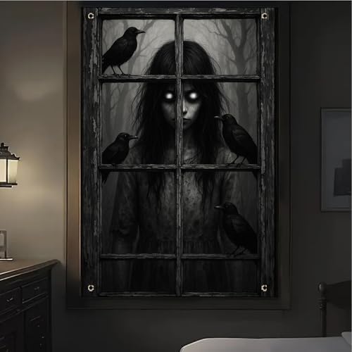 BlissYard Halloween Crow Girl Window Cover 31x47 Inch Polyester Decoration