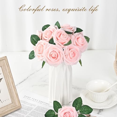BLEUM CADE 16Pcs Artificial Flowers Fake Foam Roses with Stems for Wedding