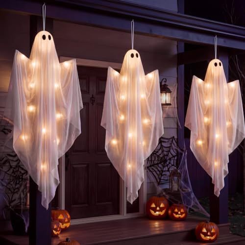 JOYIN 3Pcs 35” Light Up Halloween Decorations Outdoor, Tree Hanging Ghosts with Warm White LED Lights and Timer for Tree Front Yard Patio Lawn Garden Party Décor and Holiday Indoor Outside Decorations