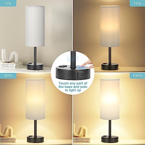 Fenmzee Grey Bedside Lamp for Bedroom, Dimmable Touch, USB A+C, AC Outlet