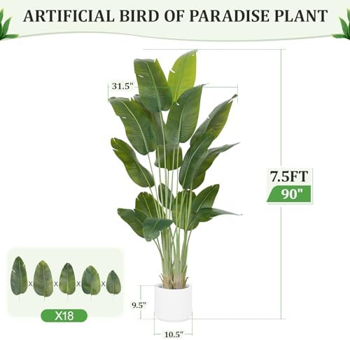 Artificial Bird of Paradise Plant 7.5Ft Tall Fake Tropical Palm Tree Large Fake Plants with 18 Silk Banana Leaves Faux