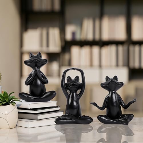 Suoedd Black Frog Yoga Figurines 3 Pcs,Modern Decor for Shelf,Desk,Office