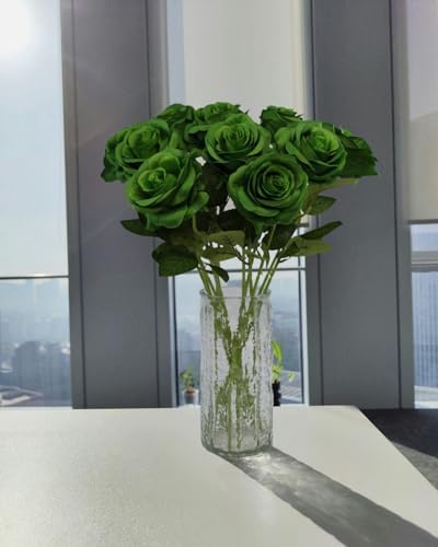 Artificial Green Roses Flowers, 12 Pcs Fake Rose in Bulk, Long Stem Realistic Silk Roses Bouquet for Spring Home Decor, St. Patrick's Day, Party Centerpieces, Flower Arrangement (Dark Green, 12-PCS)