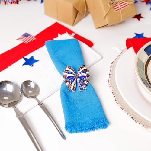 Patriotic Bow Napkin Rings Set of 8, 4th of July Red Blue White Metal Bow with Star Napkin Rings Holder for Independence Day, Presidential Election, Memorial, 250th Anniversary Table Decor
