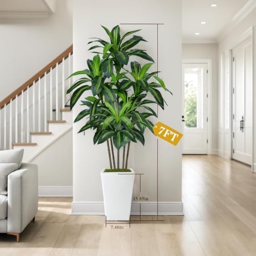Flydeer 7FT Artificial Dracaena Tree with Tall White Planter, Floor Plant