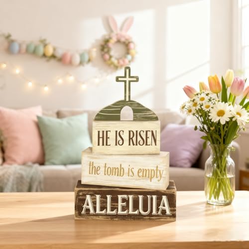 Easter Decorations - He Is Risen Tomb Cross Tiered Tray Decor - Religious Easter Wooden Tabletop Sign - Faith Farmhouse Easter Home Decor Indoor - Spring Home Decor for Living Room, Kitchen Counter, Seasonal Farmhouse Display