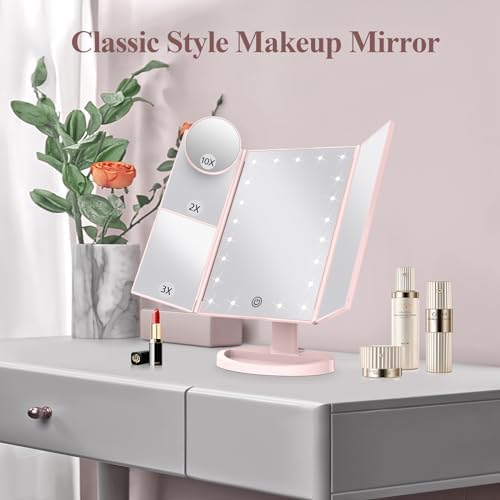HUONUL 2X/3X/10X Magnifying Vanity Mirror with Light, Trifold Makeup Mirror
