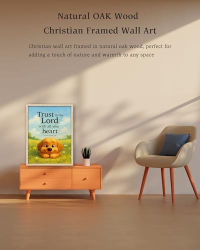 KensTro 12x16 Oak Framed Proverbs 3:5 Puppy Christian Wall Art
