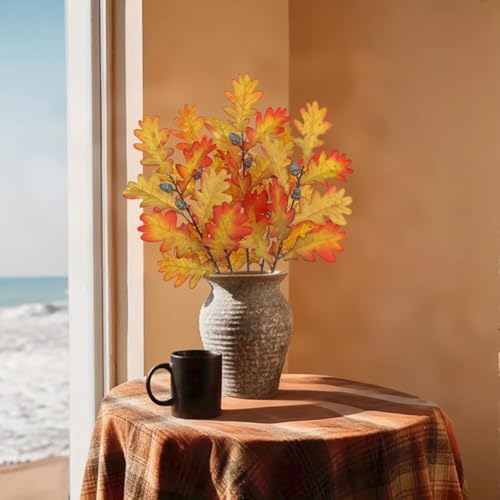 5 Pcs Fake Fall Oak Leaves Stems 19.6” Artificial Autumn Foliage Branches