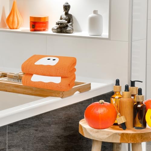 JarThenaAMCS 2 Pack Halloween Hand Towels Embroidered Orange Ghost Cotton Dish Towel for Bathroom Hand Drying Kitchen Cleaning Towel Gift Set, 29.5 x 13.7 Inch