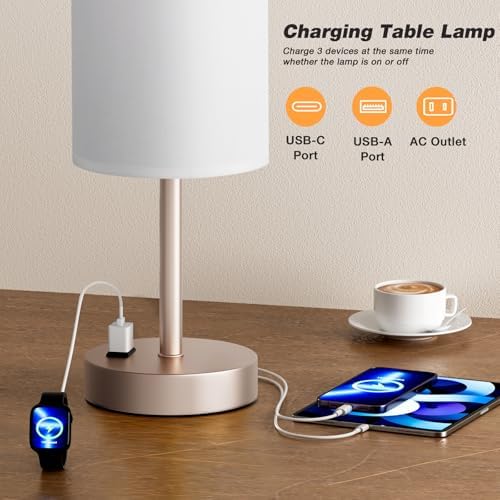 17.4" Antique White Lamp for Bedroom - Dimmable Touch, USB A+C, AC Outlet