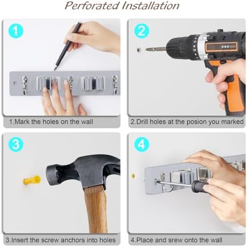 OUTNILI Gray Mop Broom Holder Wall Mount with 4 Slots & 4 Hooks - Wood Broom Mop Hanger for Pantry Closet Laundry Room