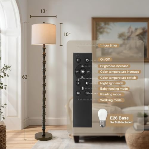 BOBOMOMO 62" Rustic Farmhouse Floor Lamp Dark Brown with Remote & Dimmable 9W Bulb, 3 Color Temperatures Resin Standing